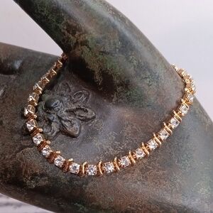 Rhinestone Gold Tone Tennis Bracelet Vintage 7" Long